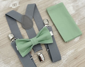 Matcha Bow Tie & Gray Suspenders Set - Ring Bearer and Groomsman Outfit, Rustic Wedding, Sage Green Pocket Square, All Sizes Baby to Adult