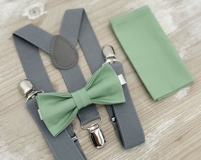 Matcha Bow tie & Suspenders, Gray Braces, Sage Meadow Green Bow, Pocket Square | Ring Bearer Outfit, Boho Rustic Wedding