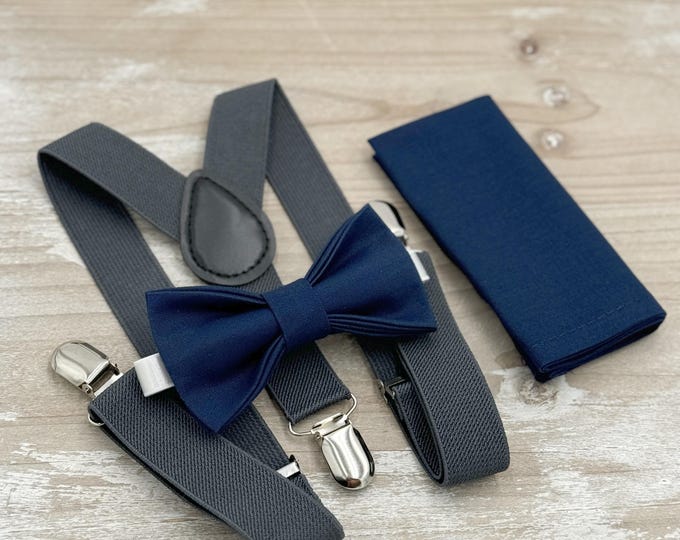 Navy Blue Bow Tie & Dark Gray Suspenders - Ring Bearer and Groomsman Outfit, Rustic Wedding, Pocket Square, All Sizes Baby to Adult