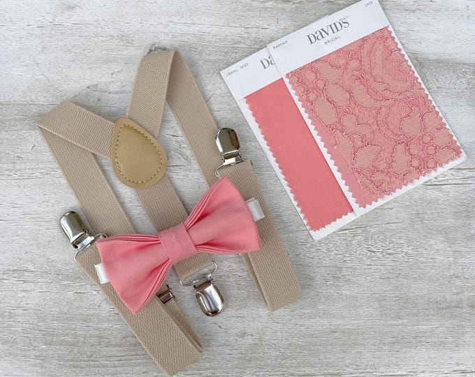 Parfait Bow Tie & Champagne Suspenders - Ring Bearer and Groomsman Outfit, Rustic Wedding, Coral Pocket Square, All Sizes Baby to Adult