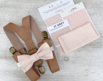 Blushing Pink Bow Tie & Leather Suspenders Set - Ring Bearer and Groomsman Outfit, Rustic Wedding, Pocket Square, All Sizes Baby to Adult