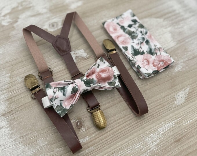 Floral Bow tie & Vegan Leather Skinny Suspenders, Dusty Rose Bow Tie, Pocket Square, Ring Bearer Outfit, Boho Wedding, Groomsman Gift