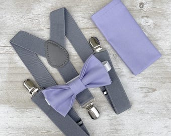 Lavender Bow Tie & Gray Suspenders Set - Ring Bearer and Groomsman Outfit, Rustic Wedding, Pocket Square, All Sizes Baby to Adult