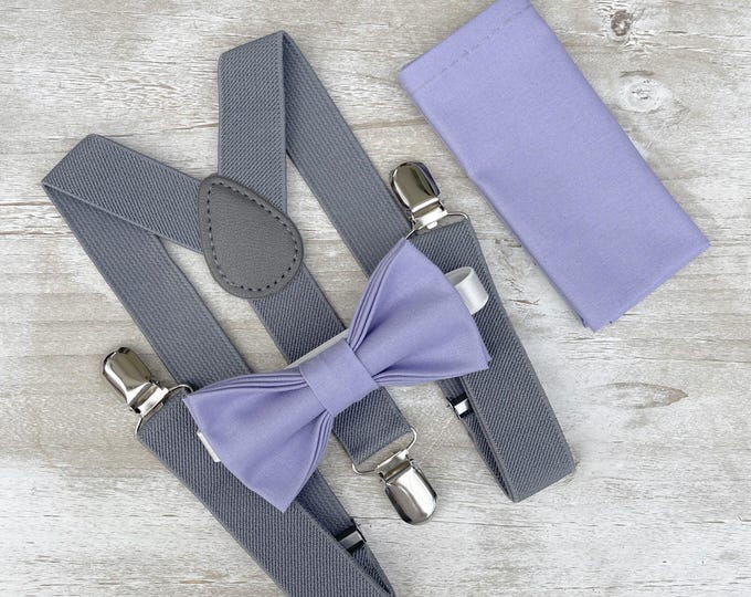 Lavender Purple Bow Tie & Gray Suspenders , Groom  Braces , Men's pocket square , Boy's Ring Bearer gift , Groomsmen Wedding outfit