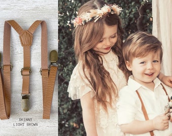 Wedding Cognac brown Suspenders , Groomsmen Skinny Vegan Leather Suspenders , Rustic Mens suspenders , Boys Ring bearer Baby Outfit