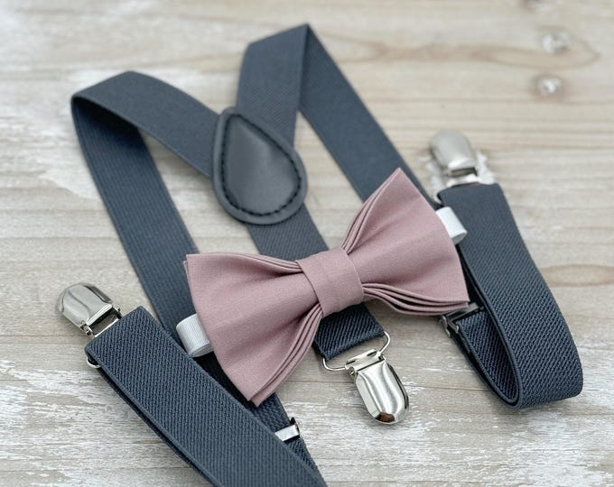 Dusty Mauve Bow tie & Dark Gray Suspenders, Charcoal Braces, Pocket Square, Ring Bearer Outfit, Boho Rustic Wedding | Groomsman Gift
