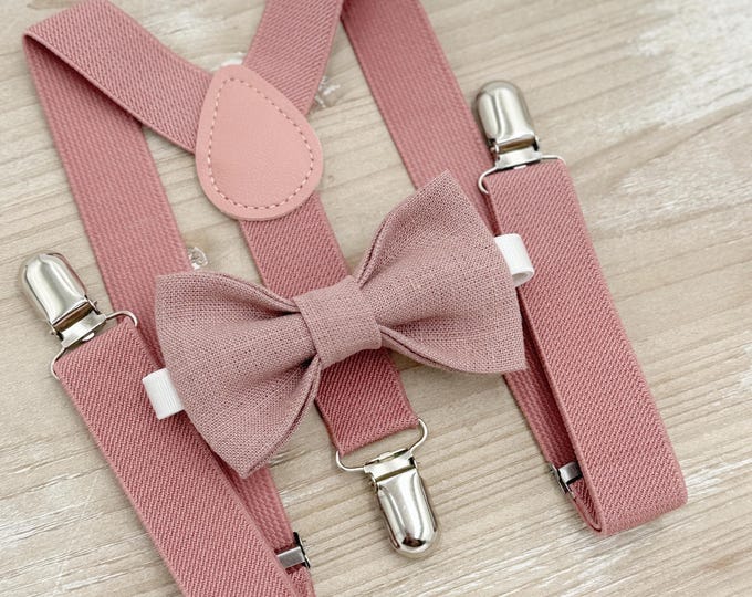 Linen Dusty Rose Bow Tie & Suspenders Set - Ring Bearer and Groomsman Outfit, Rustic Wedding, Mauve Bow Tie, All Sizes Baby to Adult