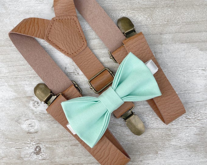 Mint Green Bow Tie & Leather Suspenders - Ring Bearer Groomsman Outfit, Rustic Wedding, Cotton Pocket Square, All Sizes Baby to Adult