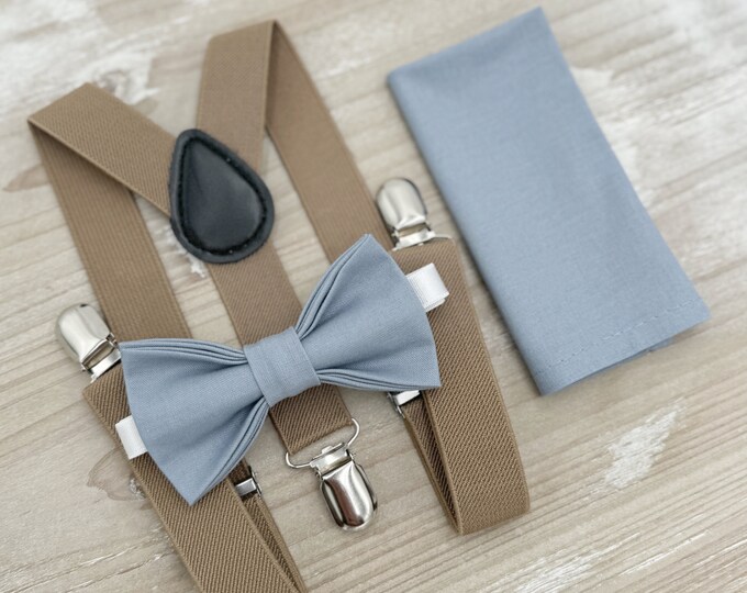 Dusty Blue Bow Tie & Suspenders – All Sizes for Boys and Men, Taupe Braces, Pocket Square, Ring Bearer, Boho Rustic Wedding