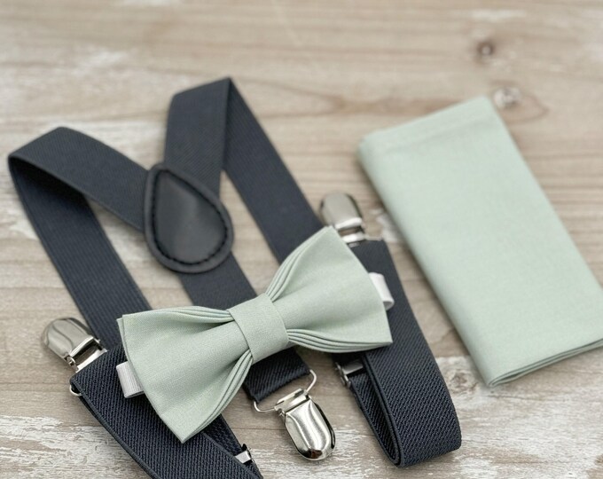 Dusty Sage Bow tie & Suspenders, Dark Gray Braces, Pocket Square, Ring Bearer Outfit, Boho Wedding Set
