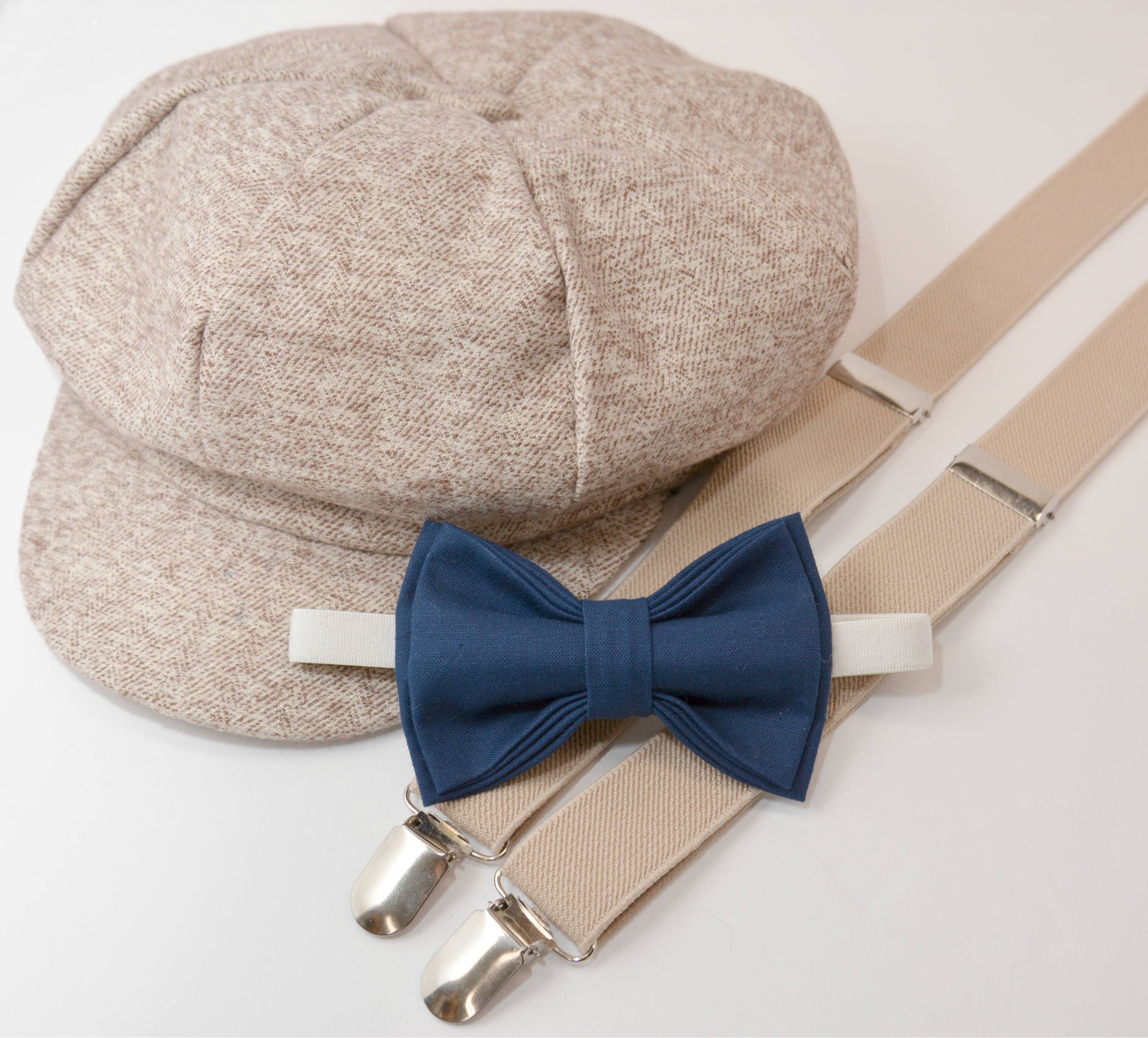 Bow Tie Suspenders Newsboy Cap Hat / Navy Blue Bow Tie / Tan Etsy