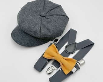 Newsboy Cap, Gatsby Flat Cap, Dark Gray Suspenders & Marigold Bow Tie - Baby to Adult Sizes, Ring Bearer Outfit, Page Boy Wedding Set