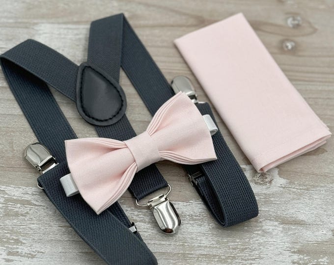 Blushing Bow tie & Suspenders, Charcoal Braces, Pocket Square, Ring Bearer Outfit, Boho Wedding, Groomsman Gift, Pale Blush Bow