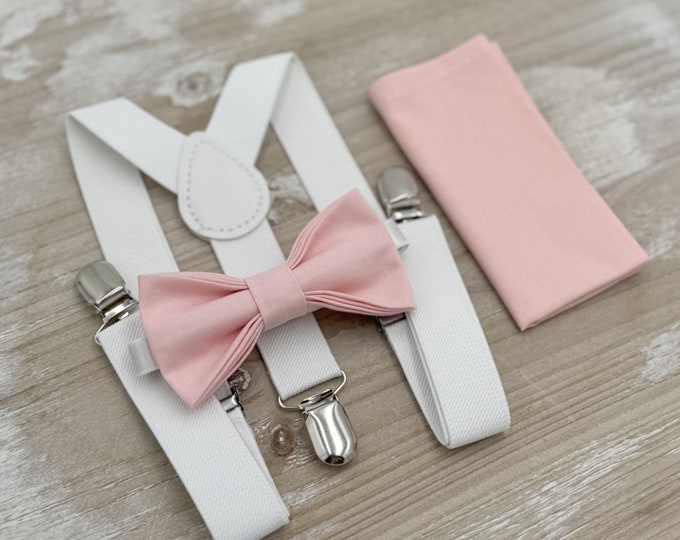 Blush Bow tie & Suspenders, White Braces, Petal Bow Tie, Pocket Square, Ring Bearer Outfit, Boho Wedding
