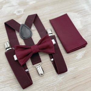Wine Bow Tie & Suspenders, All Sizes Baby to Adult, Pocket Square, Ring Bearer Outfit, Boho Rustic Wedding, Groomsman Gift, Cabernet Bowtie