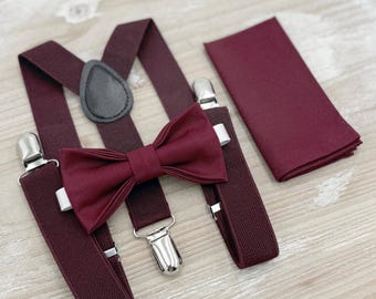 Wine Bow Tie & Suspenders, All Sizes Baby to Adult, Pocket Square, Ring Bearer Outfit, Boho Rustic Wedding, Groomsman Gift, Cabernet Bowtie