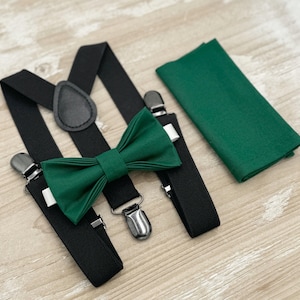 Juniper Bow tie & Suspenders, Black Braces, Emerald Green Bow, Pocket Square, Ring Bearer Outfit, Boho Rustic Wedding