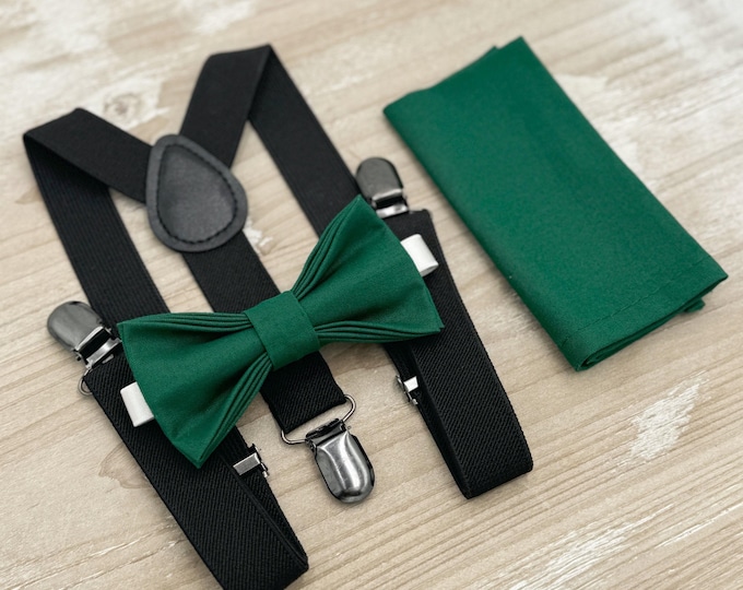 Juniper Bow tie & Suspenders, Black Braces, Emerald Green Bow, Pocket Square, Ring Bearer Outfit, Boho Rustic Wedding
