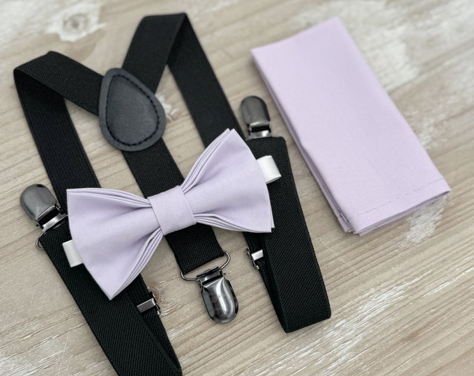 Iris Bow tie & Suspenders, Black Braces, Pocket Square, Ring Bearer Outfit, Boho Rustic Wedding