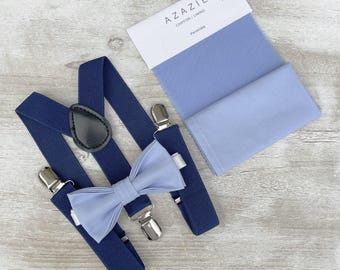 Periwinkle Bow Tie & Navy Blue Suspenders - Ring Bearer and Groomsman Outfit, Rustic Wedding, Pocket Square, All Sizes Baby to Adult