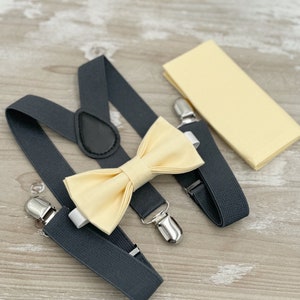 Yellow Bow Tie & Suspenders – All Sizes Baby to Adult, Buttercup Canary Bow, Ring Bearer Groomsman Gift, Pocket Square, Charcoal Braces