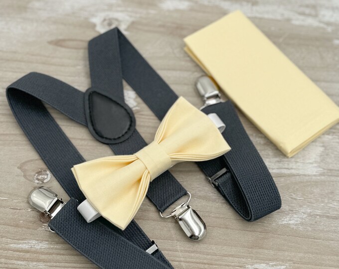 Yellow Bow Tie & Suspenders – All Sizes Baby to Adult, Buttercup Canary Bow, Ring Bearer Groomsman Gift, Pocket Square, Charcoal Braces