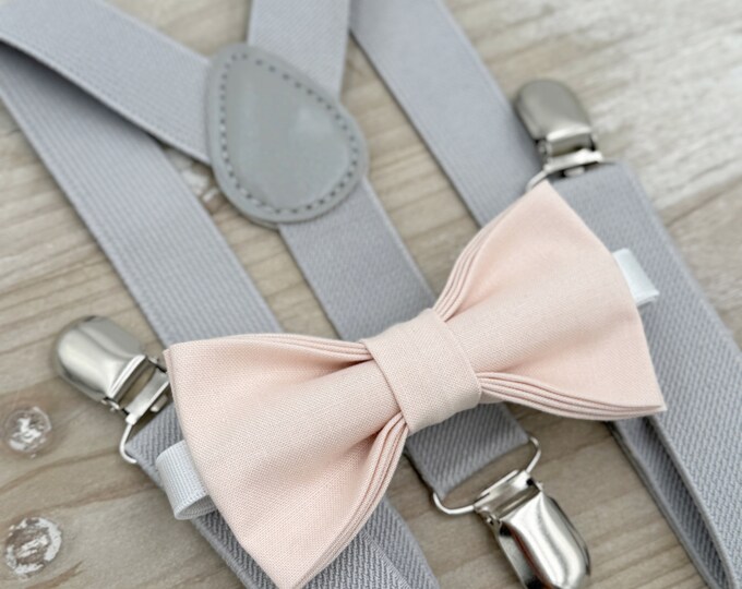 English Rose Bow Tie & Light Gray Suspenders , Rose petal bowtie , Men's pocket square , Boy's Ring Bearer gift , Groomsmen Wedding Outfit