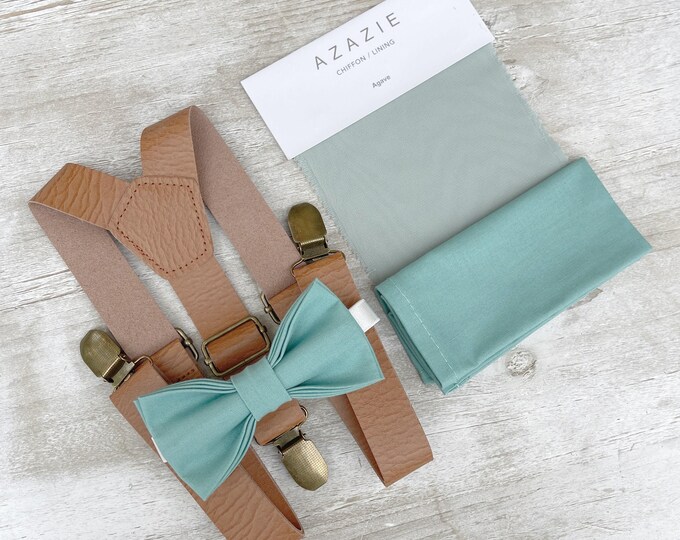 Seaglass Bow Tie & Leather Suspenders – Ring Bearer Outfit, All Sizes Baby to Adult, Groomsman Gift, Pocket Square, Boho Wedding Set