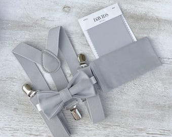 Mystic Grey Bow Tie & Suspenders Set - Ring Bearer and Groomsman Outfit, Rustic Wedding, Cotton Pocket Square, All Sizes Baby to Adult