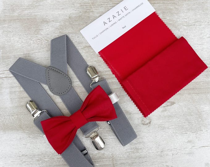 Red Bow Tie & Gray Suspenders Set - Ring Bearer and Groomsman Outfit, Rustic Wedding, Pocket Square, All Sizes Baby to Adult