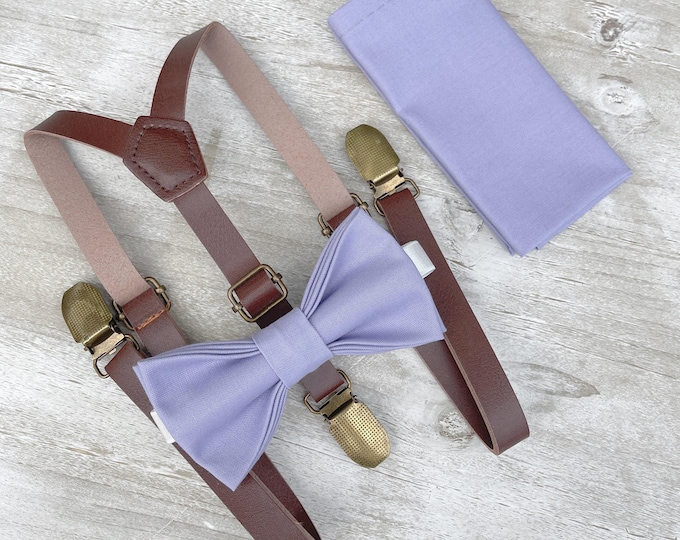 Lavender Bow Tie & Skinny Leather Suspenders Set - Ring Bearer Groomsman Outfit, Rustic Wedding, Pocket Square, All Sizes Baby to Adult