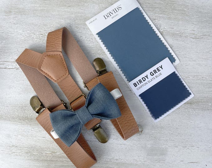 Steel Blue Linen Bow Tie & Leather Suspenders , Boy's Ring Bearer gift , Groomsmen Wedding outfit , Men's Light brown braces