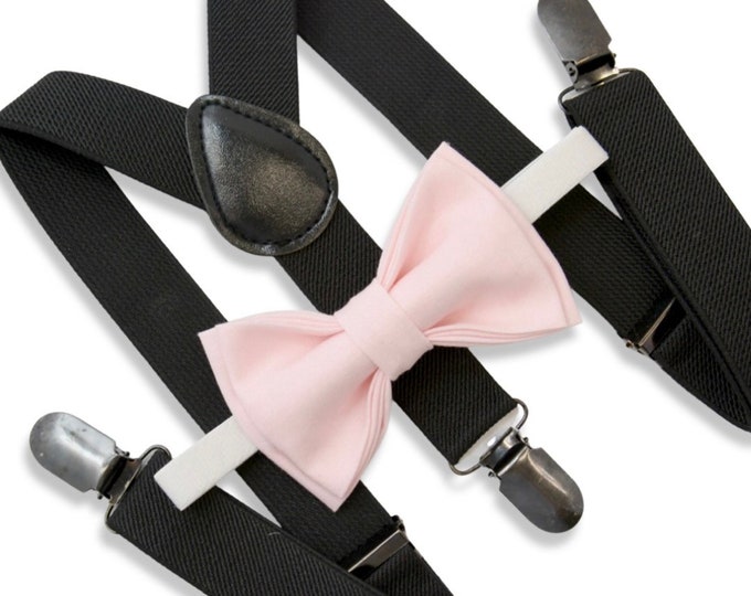 Light Pink Bow Tie & Black  Suspenders , Kids Baby Boy ring bearer outfit , Mens Groom Best Man wedding set