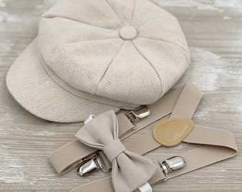 Newsboy Cap, Champagne Suspenders & Linen Biscotti Bow Tie – Ring Bearer Outfit, Gatsby Page Boy Wedding Set, Flat Cap, Sizes 0–10 Years
