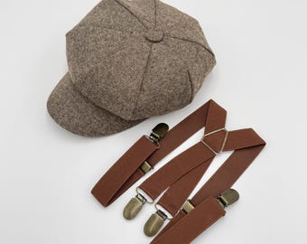 Newsboy Cap, Gatsby Flat Cap, Brown X Back Suspenders - Baby to Adult Sizes, Ring Bearer or Cake Smash Outfit, Groomsman Wedding Set
