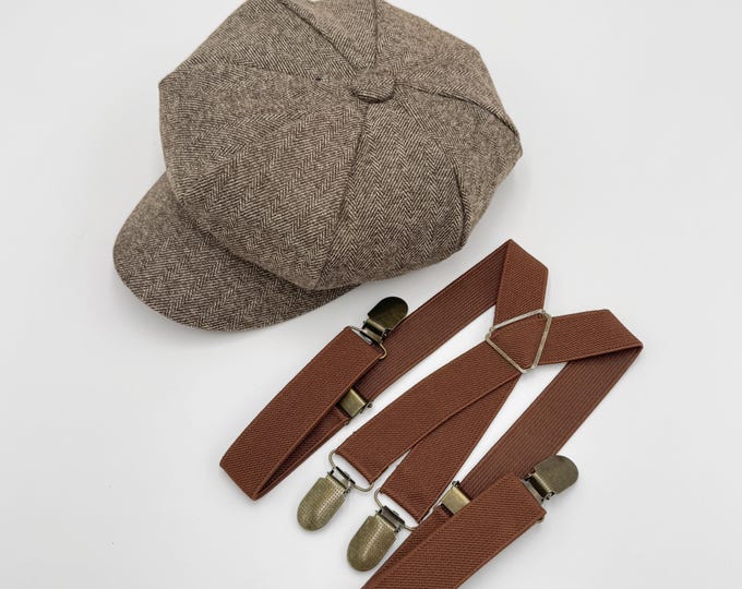 Newsboy Cap, Gatsby Flat Cap, Brown X Back Suspenders - Baby to Adult Sizes, Ring Bearer or Cake Smash Outfit, Groomsman Wedding Set