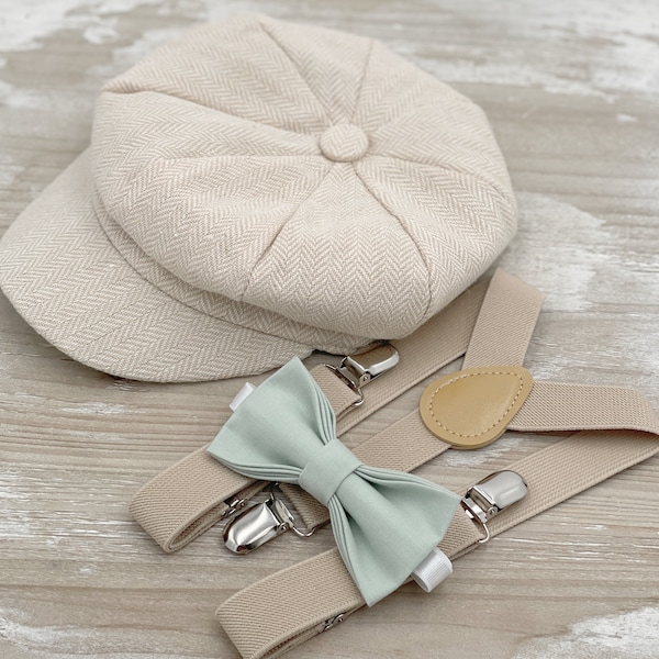 Boy's Flat hat , Applejack Newsboy cap , Dusty Sage Green Bow Tie & Suspenders , Wedding Ring bearer outfit , Page Boy hat , Newborn set