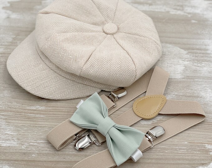 Newsboy Cap, Champagne Suspenders, Dusty Sage Bow Tie, Ring Bearer Outfit, Cake Smash Outfit, Page Boy Cap, Wedding Applejack Hat