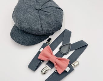 Newsboy Cap, Gatsby Flat Cap, Dark Gray Suspenders & Champagne Rose Bow Tie - Baby to Adult Sizes, Ring Bearer Outfit, Page Boy Wedding Set
