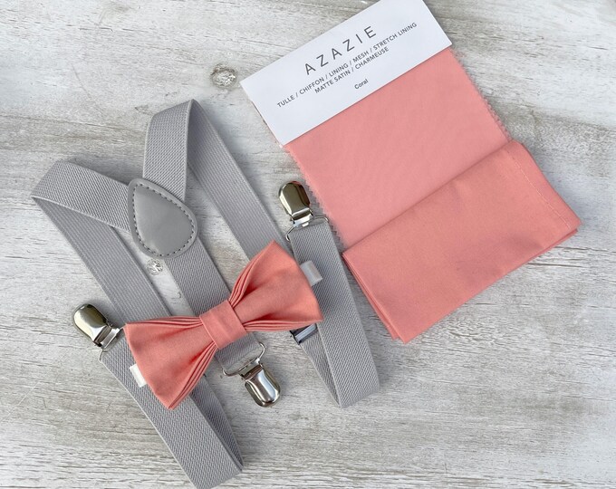 Coral Bow Tie & Gray Suspenders Set - Ring Bearer and Groomsman Outfit, Rustic Wedding, Cotton Pocket Square, All Sizes Baby to Adult
