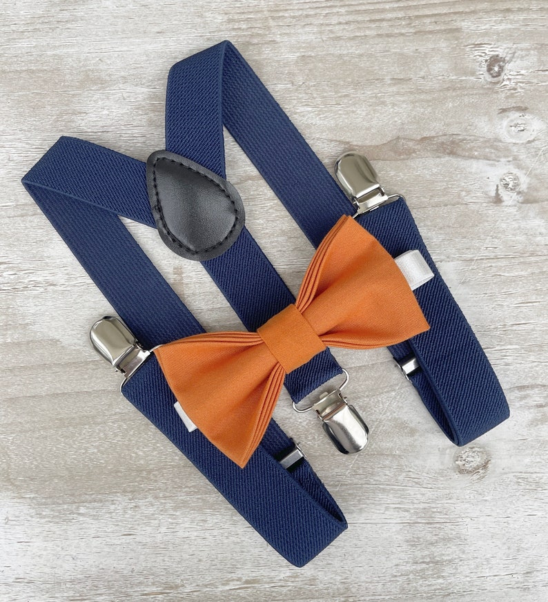 Burnt Orange Bow Tie & Navy Blue Suspenders , Men's wedding outfit , Boy's Ring Bearer gift , Groomsmen Gift , cake smash outfit image 1