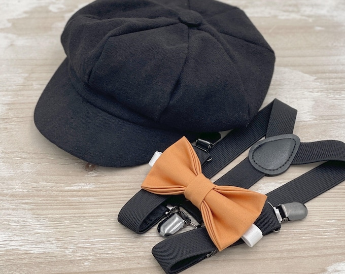 Newsboy Cap, Black Suspenders, Butterscotch Bow Tie, Ring Bearer Outfit, Cake Smash Outfit, Page Boy Cap, Wedding Set, Applejack Hat