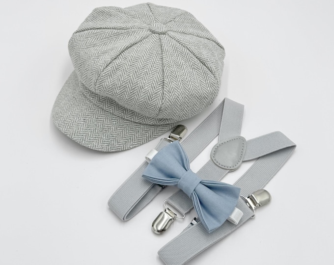Newsboy Cap, Gatsby Flat Cap, Gray Suspenders & Dusty Blue Bow Tie - Baby to Adult Sizes, Ring Bearer Outfit, Page Boy Wedding Set