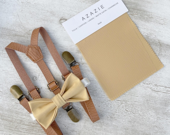 Gold Bow Tie & Skinny Leather Suspenders Set - Ring Bearer and Groomsman Outfit, Rustic Wedding, Pocket Square, All Sizes Baby to Adult
