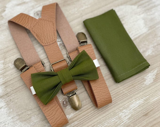 Olive Bow tie & Suspenders, Leather Light Brown Braces, Pocket Square, Ring Bearer Outfit, Boho Rustic Wedding