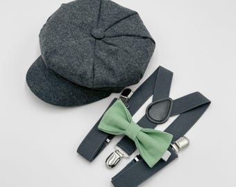 Newsboy Cap, Gatsby Flat Cap, Dark Gray Suspenders & Sage Matcha Bow Tie - Baby to Adult Sizes, Ring Bearer Outfit, Page Boy Wedding Set