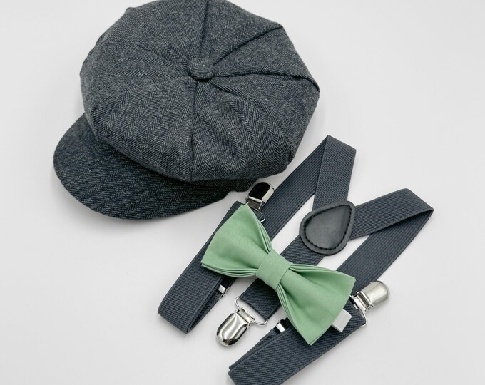 Newsboy Cap, Gatsby Flat Cap, Dark Gray Suspenders & Sage Matcha Bow Tie - Baby to Adult Sizes, Ring Bearer Outfit, Page Boy Wedding Set