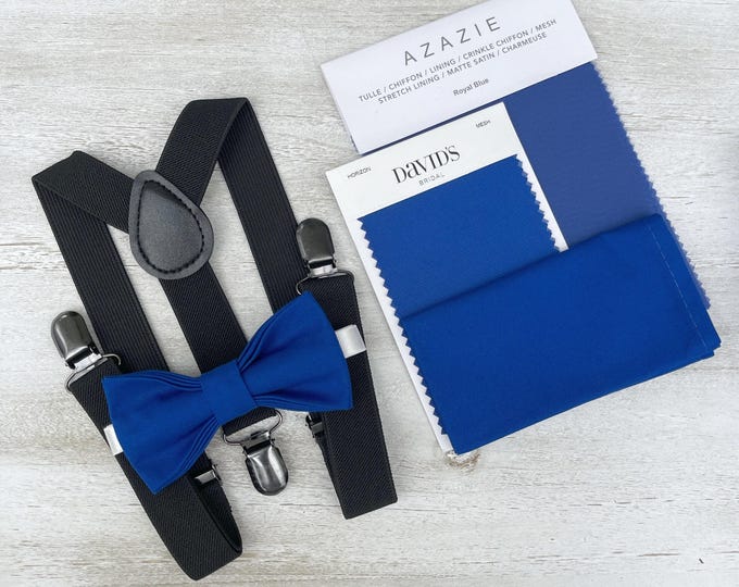 Royal Blue Bow Tie & Black Suspenders Set - Ring Bearer and Groomsman Outfit, Rustic Wedding, Pocket Square, All Sizes Baby to Adult