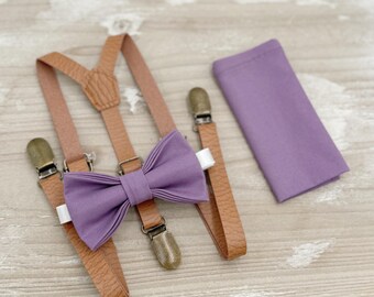 Wisteria Bow Tie & Skinny Leather Suspenders - Ring Bearer and Groomsman Outfit, Rustic Wedding, Pocket Square, All Sizes Baby to Adult