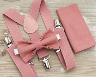 Champagne Rose Bow Tie & Suspenders Set - Ring Bearer Groomsman Outfit, Rustic Wedding, Desert Coral Pocket Square, All Sizes Baby to Adult